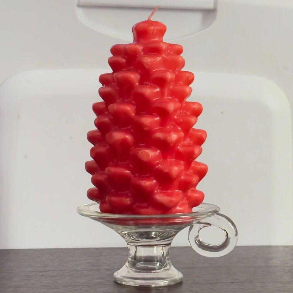 Red Pineconne Shaped Candle With Glass Candleholder